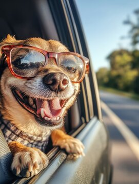 Chihuahua enjoys a sunny day road trip with sunglasses, smiling widely as it leans out of the car window on a clear afternoon