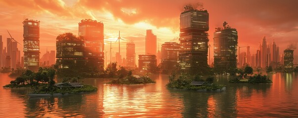 Obraz premium Futuristic Cityscape at Sunset with Reflections on Water Surface
