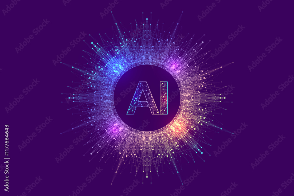 Poster AI Banner Concept In The Digital Style. Generative Ideas Design Element For Internet Technology. Futuristic Technology Concept Artificial Intelligence