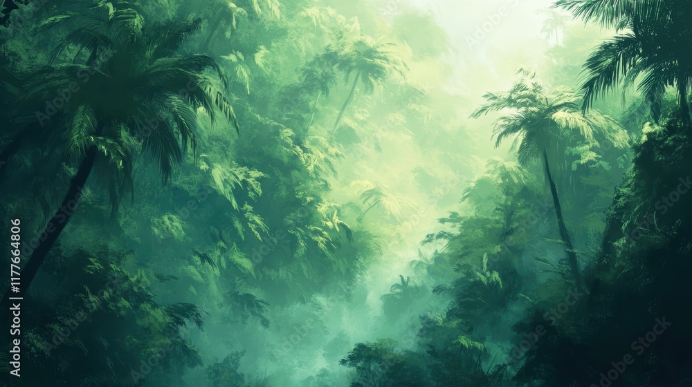Poster exploring the vibrant beauty of a dense rainforest enveloped in soft mist during early morning hours