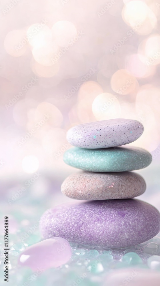 Poster Stack of smooth stones in pale lavender and mint green bokeh lights creating a serene atmosphere