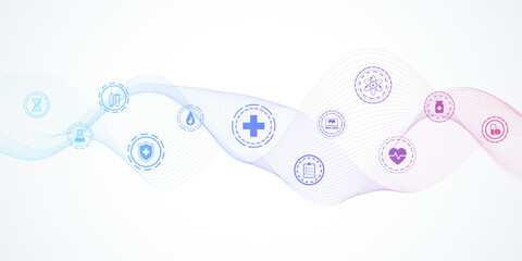 Modern health care banner template with flat icons. Medical innovation concept for header, web banner, website, presentation. Vector illustration