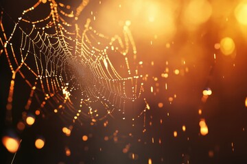 Obraz premium A dew-kissed spiderweb glistens in the warm golden light of sunrise, a magical scene.