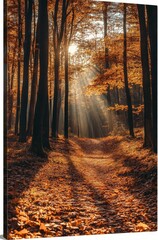 Fototapeta premium Sunlit path through autumn forest with golden leaves and tall trees