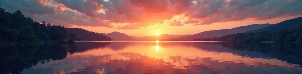 Naklejka premium A peaceful lake at dusk with a sunset glow and golden reflections, sky, water, reflection