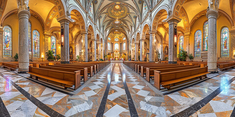 Obraz premium A panoramic view of a grand church interior with stained glass windows, ornate columns, and rows of pews.