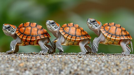 '  Three baby turtles walking in a row, blurry green background. Stock photo.