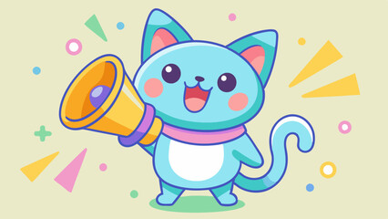 Cute Cartoon Cat with Megaphone in Pastel Colors – Fun and Playful Illustration