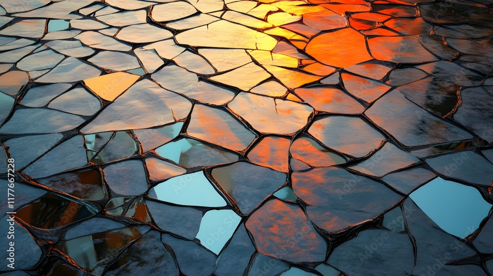Poster 3d broken glass window with geometric cubes and digital design blocks
