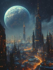 Fototapeta premium Futuristic Lunar Metropolis with Gleaming Spires and Earth Hanging in the Velvety Night Sky