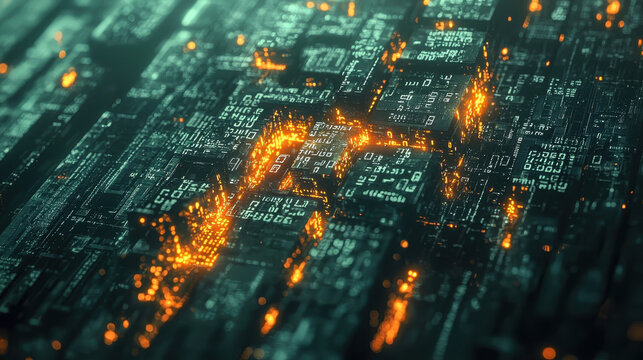 Digital landscape with glowing binary code and circuit patterns
