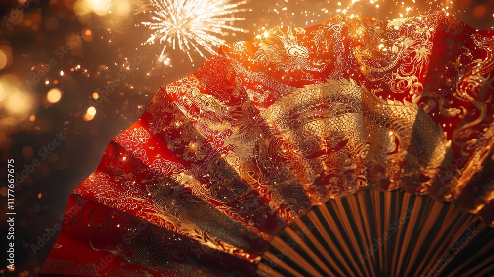 Poster elegant red fan with gold design and sparkling fireworks display