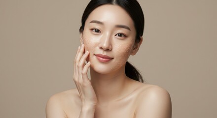 美しいアジア人女性のポートレート、ナチュラルメイクと肌の質感、ベージュ背景