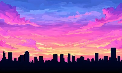 Fototapeta premium Urban Silhouette at Dusk, a city skyline emerges against a vibrant sky, hues of orange and purple blending into twilight, evoking serenity.