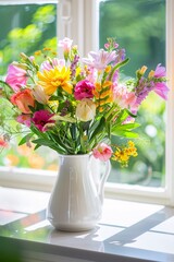Colorful Tulips and Wildflowers in a Vase on Rural Kitchen Wooden Countertop, Elegant Spring Rustic Background with Copy Space in Soft Pastel Colors.