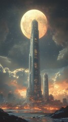 Fototapeta premium Soaring Lunar Metropolis A Retrofuturistic Vision of Advanced Architecture and Technology