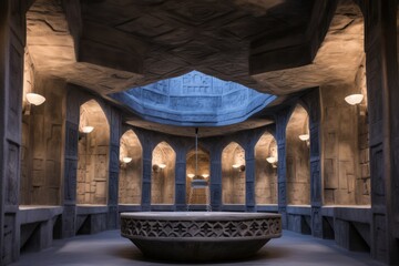 Ornate blue mosaic tiles and golden arches create a luxurious atmosphere in a traditional hammam, featuring a crystal chandelier and a thermal bath