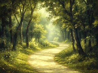 Obraz premium Sunlit Forest Path: A Serene Impressionist Landscape Painting