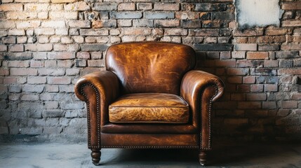 Vintage leather armchair against rustic brick wall interior design