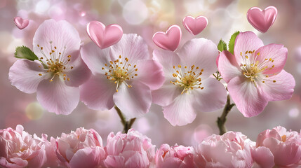 Obraz premium Delicate pink blossoms with floating hearts, a romantic spring floral image perfect for Valentine's Day cards or wedding invitations.
