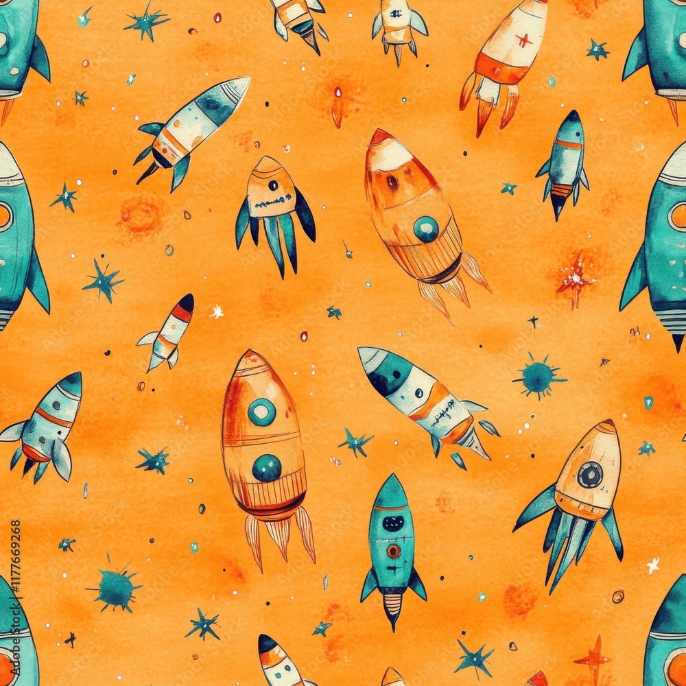 Poster whimsical rocket doodles in vibrant colors create a playful space adventure on an orange backdrop