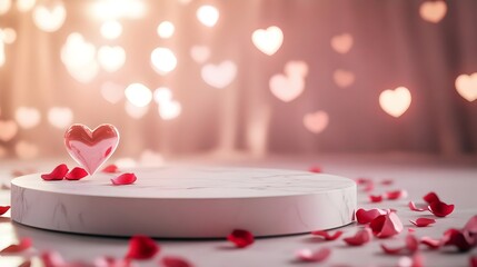 White podium with heart-shaped decor and rose petals for Valentine's Day