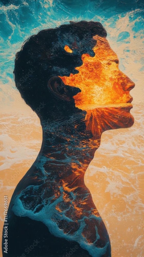 Poster dynamic profile of a man illuminated by vibrant colors and swirling ocean waves at sunset