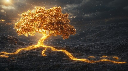 Fototapeta premium Glowing Golden Tree with Radiant Roots in Mystical Landscape