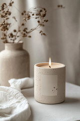 Decorative candle burning softly next to a vase with dried flowers on a neutral-toned table