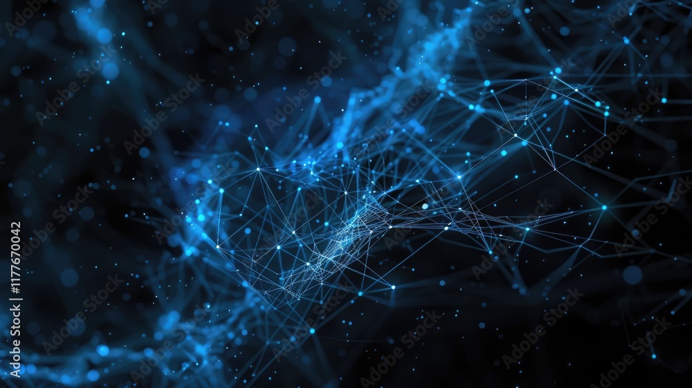 Poster explore a captivating abstract background featuring azure graphs with bright connecting nodes on a d