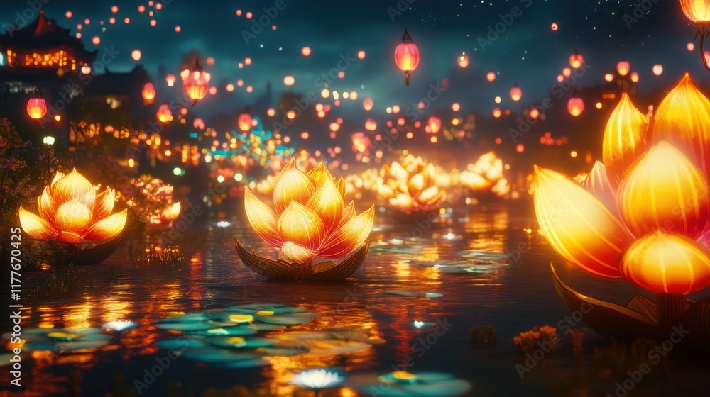 Poster illuminated evening parade with lotus flowers floating on a serene river under a starry sky