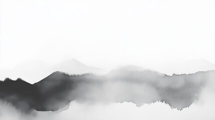 Monochromatic watercolor landscape depicting gentle mountain ridges in soft shades of gray and white
