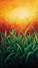 Vibrant emerald grass illuminated by golden sunlight during a serene sunset in a tranquil outdoor setting
