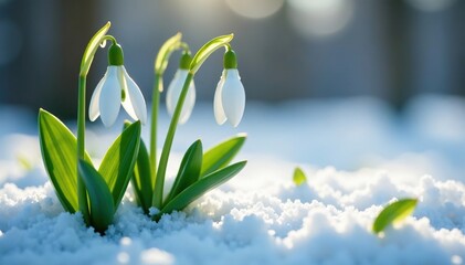 Obraz premium Snowdrop stems pushing through winter's icy grip, evergreen, nature