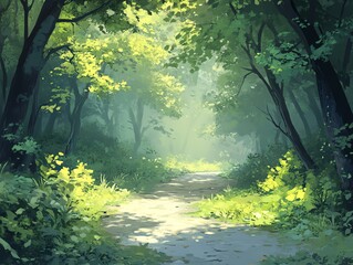 Sunlit Forest Path: A Serene, Impressionistic Landscape Painting