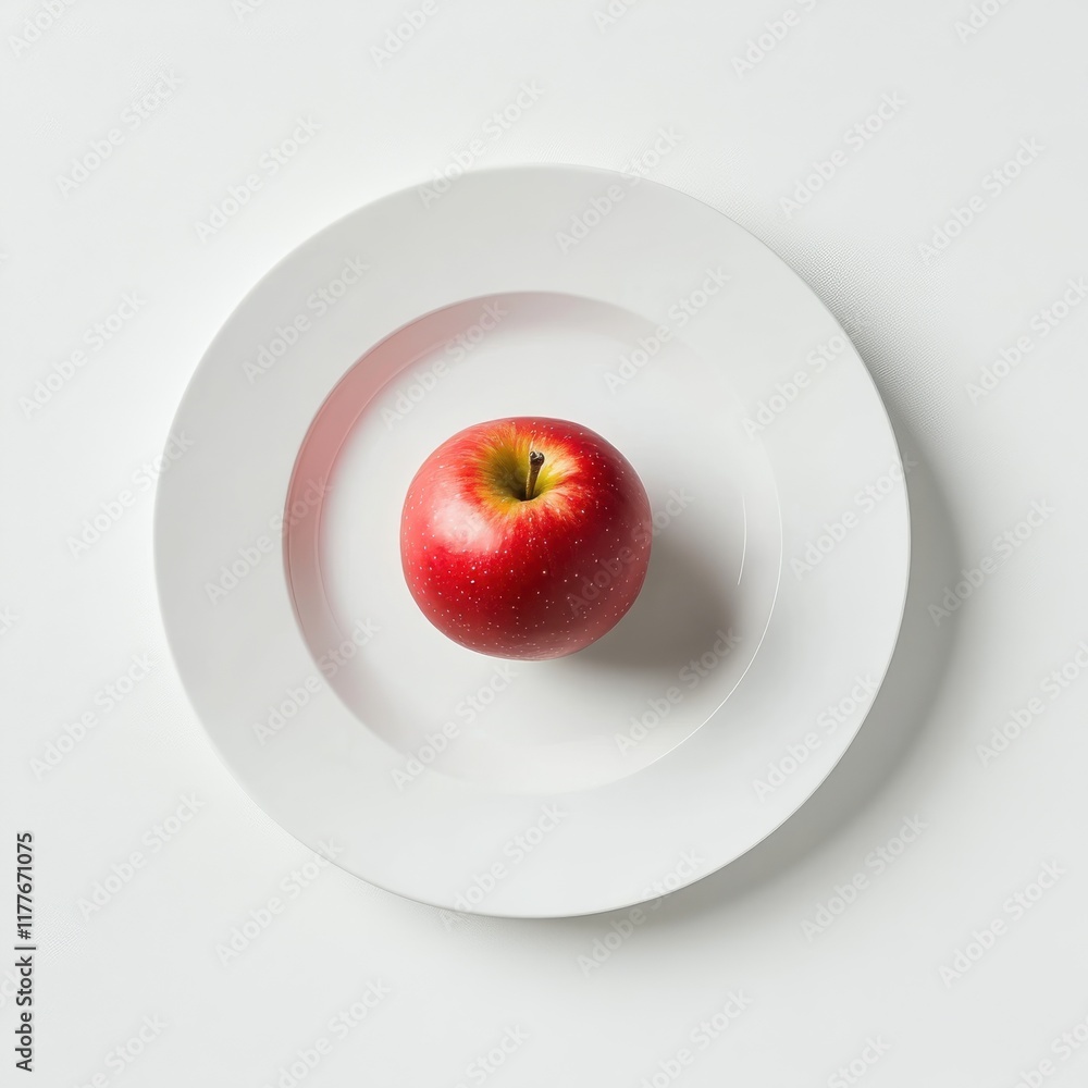 Poster red apple resting on a white plate, creating a simple yet elegant still life composition