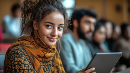 Student engaged in learning with a tablet in a classroom during a lecture in autumn of 2023, showcasing modern educational tools and diverse participation