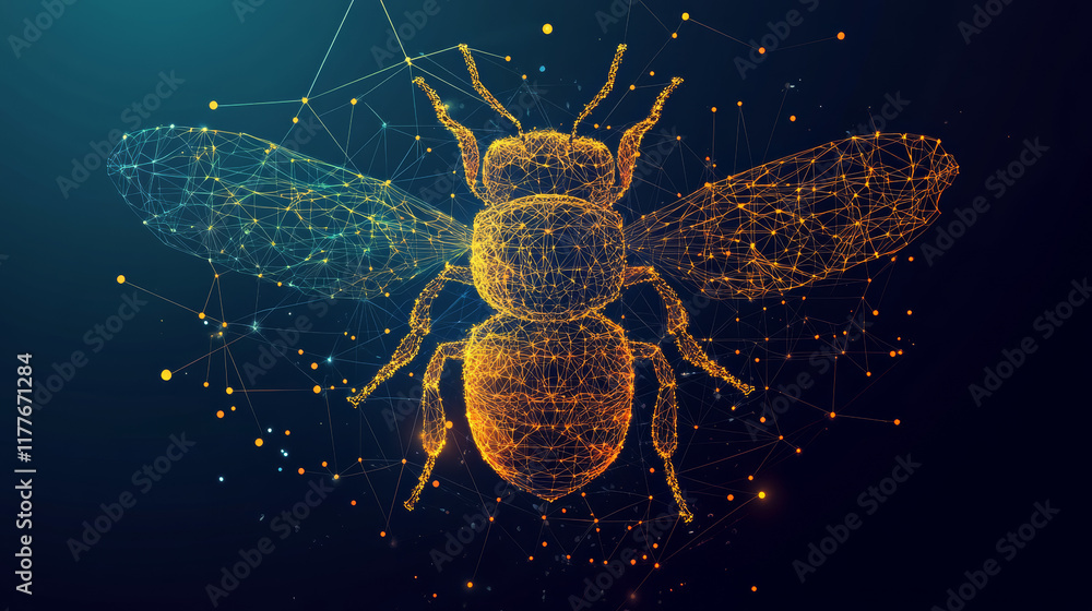 Poster the bee consists of points, lines and triangles. the polygon shape in the form of a silhouette of a 