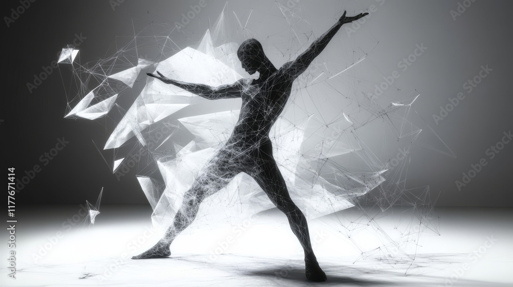 Poster hologram dance. dancer from polygons, triangles points and lines. dance lowpoly connection structure