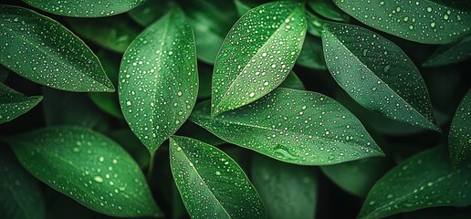 Fototapeta premium Dewy green leaves, nature background, garden