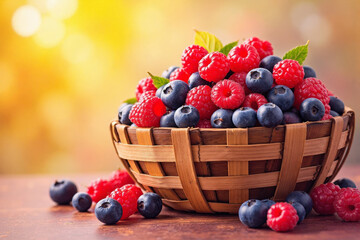Fresh Blueberries and Raspberries in basket, Summer clean food, Organic Healthy Food