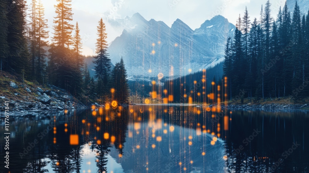 Poster serene dusk at a tranquil mountain lake surrounded by towering trees and majestic peaks reflecting o