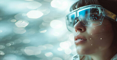 Young woman wearing vr headset experiencing virtual reality in futuristic city with neon lights