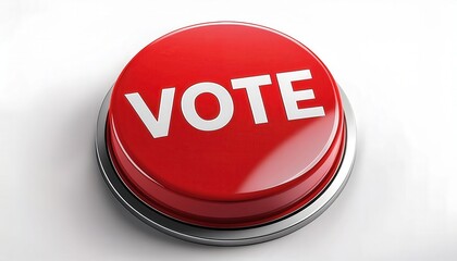 Large red vote button symbolizing the urgency of civic engagement, elections, and democracy, emphasizing voter participation and action