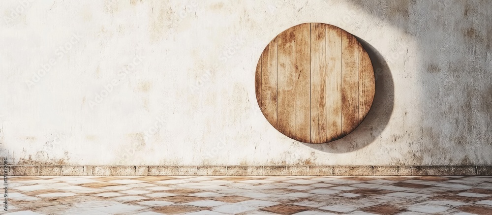 Poster circular wooden sign suspended above a traditional tiled floor with textured walls providing ample e
