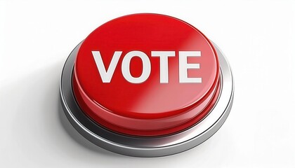 Large red vote button symbolizing the urgency of civic engagement, elections, and democracy, emphasizing voter participation and action