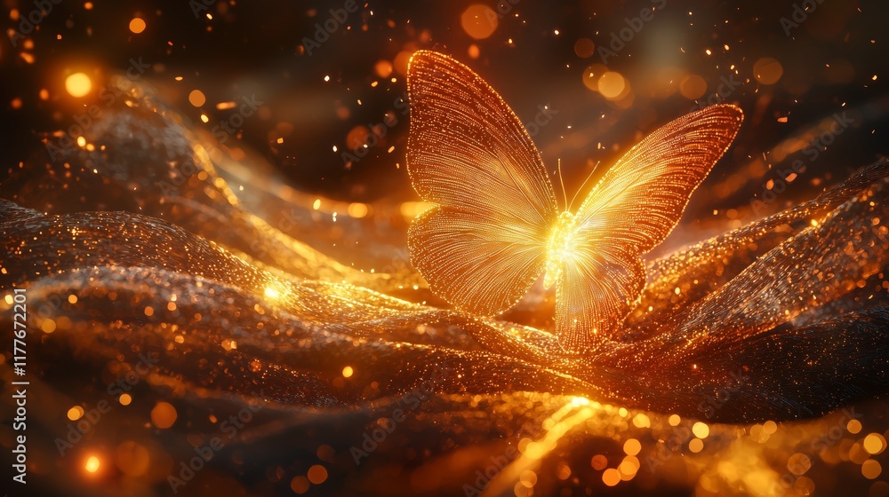 Poster sparkling golden butterfly with glowing particles and shimmering background