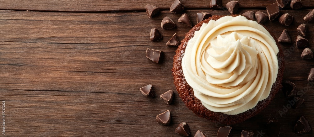 Aufkleber chocolate cupcake with cream frosting on wooden table surrounded by chocolate chunks and copyspace f