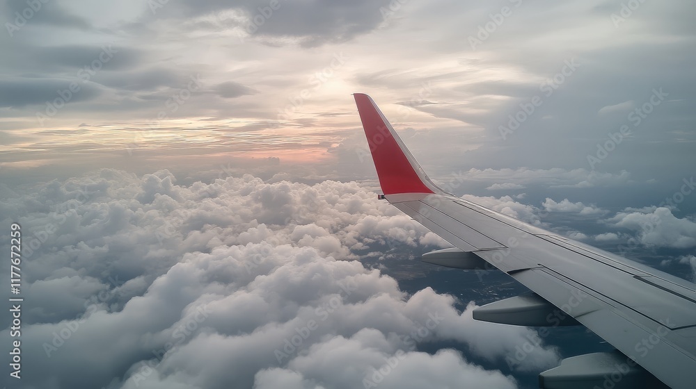 Poster dramatic clouds and sky from airplane window with wing in view high resolution scenic aerial perspec