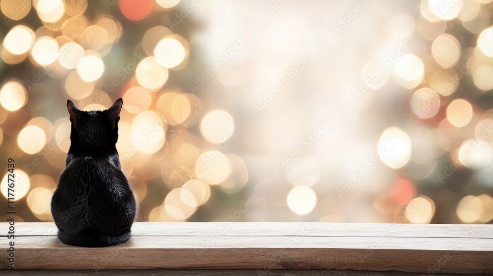 Poster black cat sitting on a wooden table gazing at a shimmering christmas tree with colorful bokeh lights